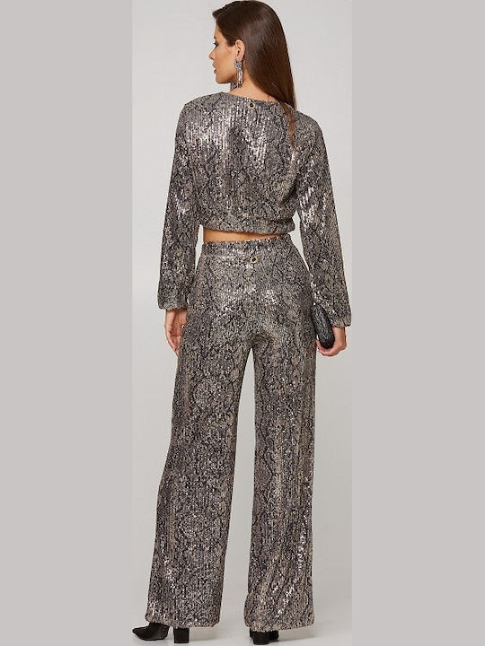 Damen Hoch tailliert Stoff Hose mit Gummizug Schwarz mit Pailletten