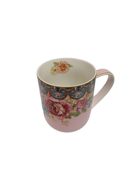 Καρβούνης Flowers Κούπα από Πορσελάνη Ροζ 380ml