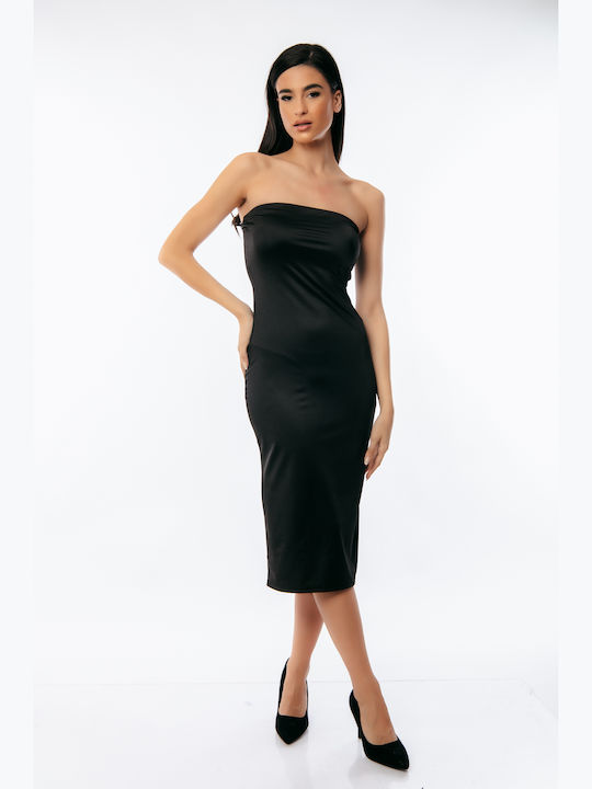 Dress Up Midi Βραδινό Φόρεμα Strapless Σατέν Μαύρο