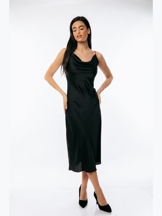 Summer Midi Evening Satin Drape Dress with Tearing Black