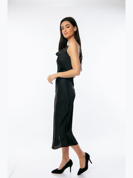 Summer Midi Evening Satin Drape Dress with Tearing Black