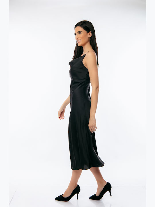 Summer Midi Evening Satin Drape Dress with Tearing Black