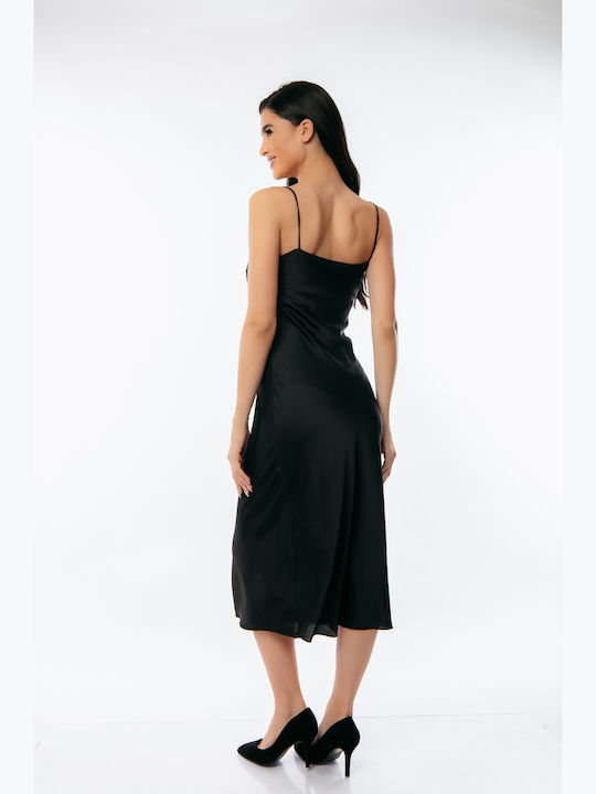 Summer Midi Evening Satin Drape Dress with Tearing Black