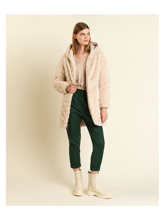 Women's Short Puffer Jacket Double Sided for Winter with Hood Beige