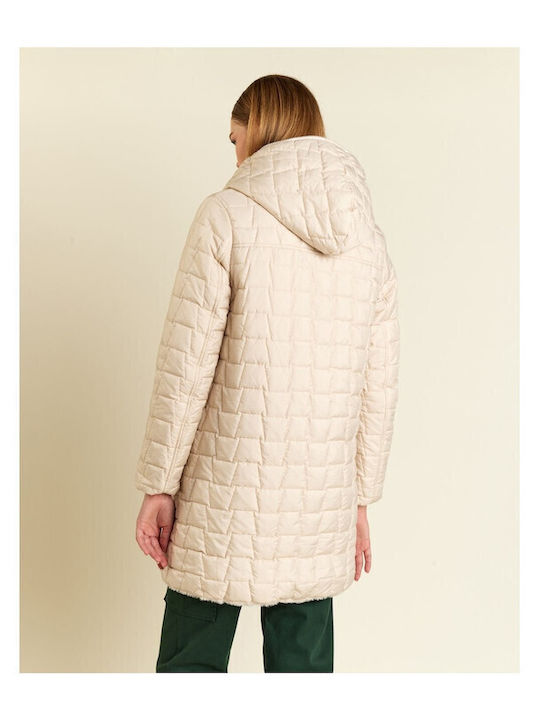 Women's Short Puffer Jacket Double Sided for Winter with Hood Beige