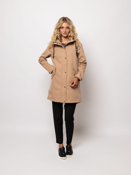 Heavy Tools Women's Long Puffer Jacket for Winter Beige