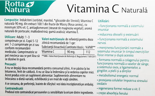 Rotta Natura Vitamina C Pentru Întărirea Imunității Pielii Și Acțiune Antioxidantă 90mg 30 Tablete Masticabile