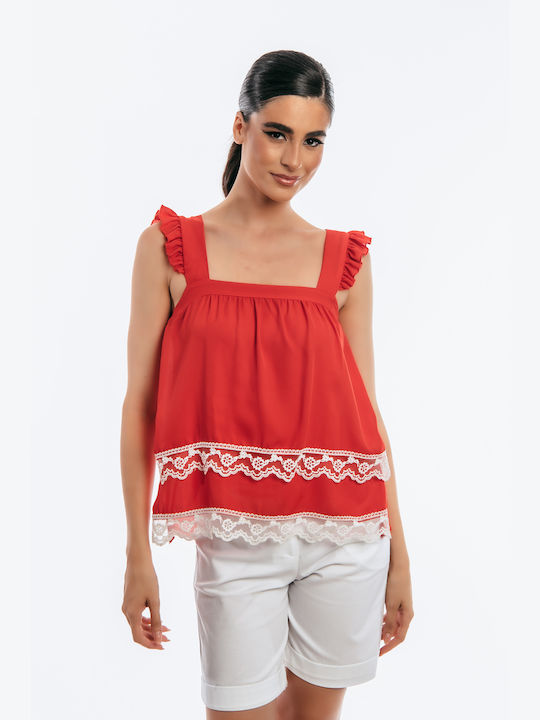 Dress Up Women's Blouse with Straps Red