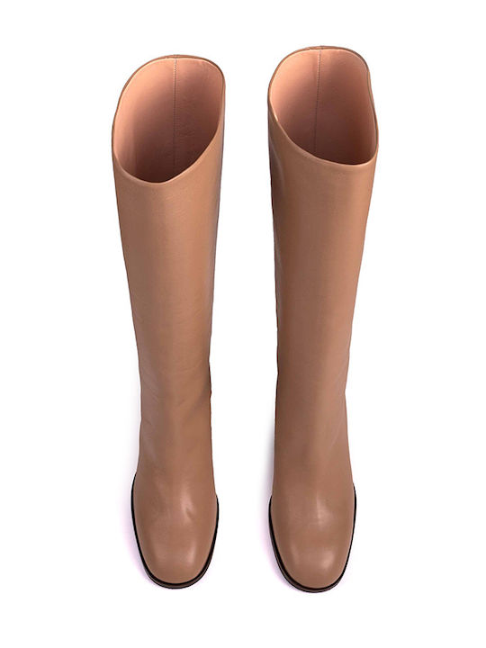 Leather High Heel Women's Boots with Rubber Tabac Brown