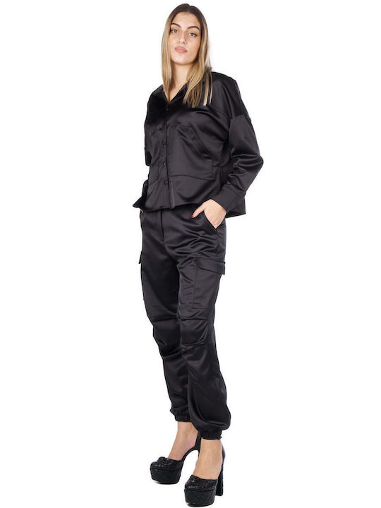 Langärmelig Damen Satin,σατεν Hemd Schwarz