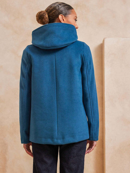 Women's Short Half Coat with Buttons and Hood petrol