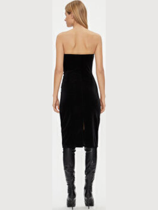 Midi Abendkleid Trägerlos Samt Schwarz