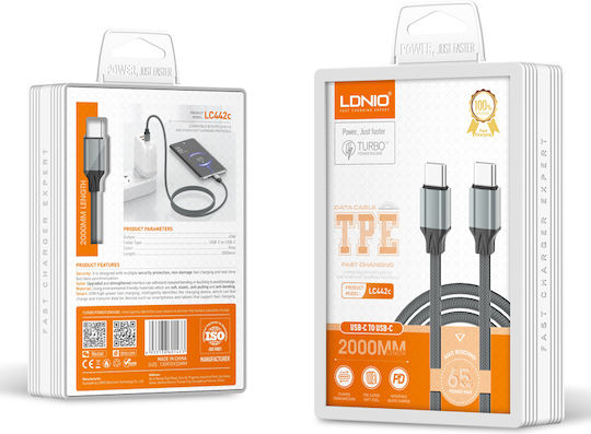 Ldnio USB 2.0 Cable USB-C male - USB-C 65W PD Γκρι 2m LC442