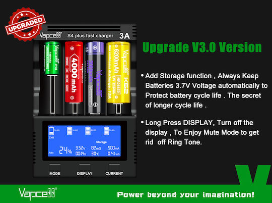 Vapcell S4 Plus V3.0 Charger 4 Batteries Li-ion/Ni-Cd/Ni-MH Size