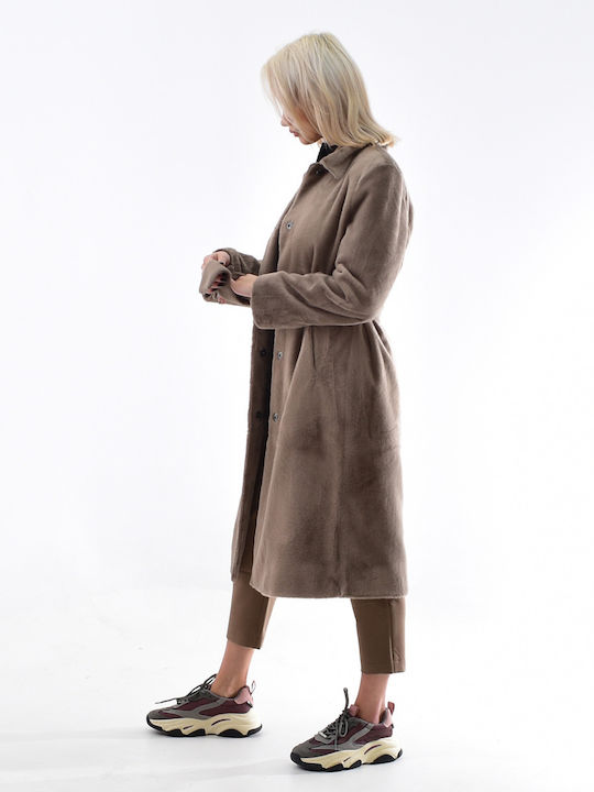 Studio Ar Women's Long Coat with Belt Beige