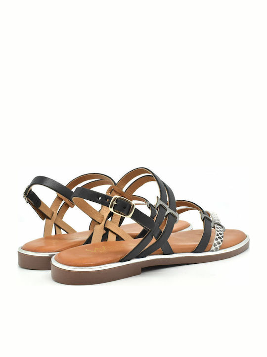 Leather Women's Flat Sandals in Black Color