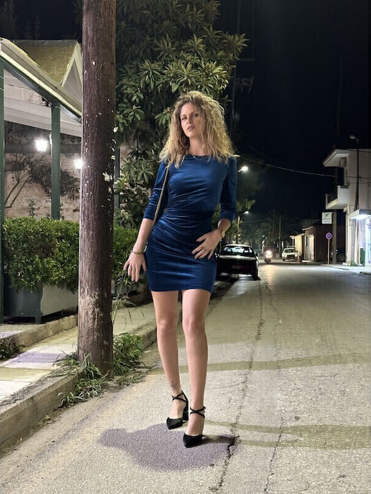 Mini Evening Dress Velvet Draped Petrol Blue