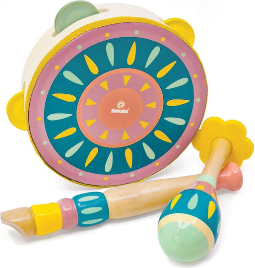 Svoora Wooden Set Tambourine-Defi, Maraca and Mini Flute "Peacock" for 3+ Years