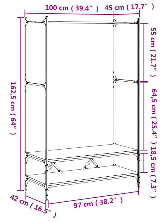 vidaXL Гардеробна стойка Сив 100x45x162.5см