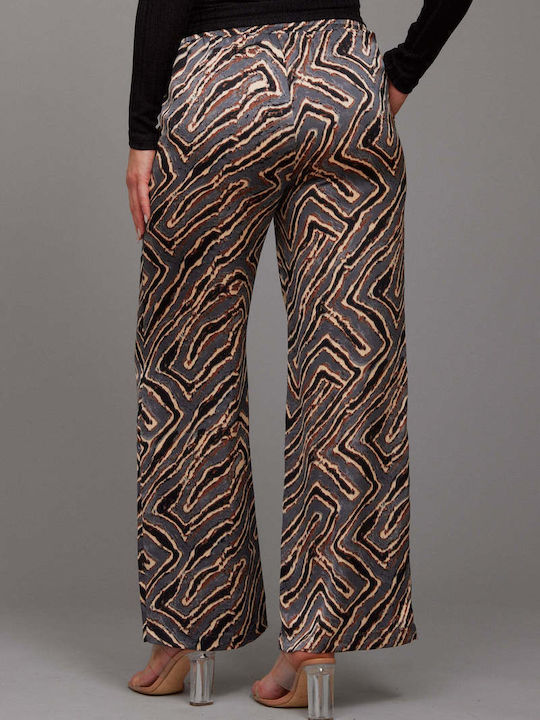 Rut & Circle Women's Satin Trousers with Elastic in Straight Line Leopard Grey