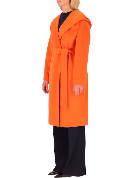 Wool Women's Orange Coat with Hood