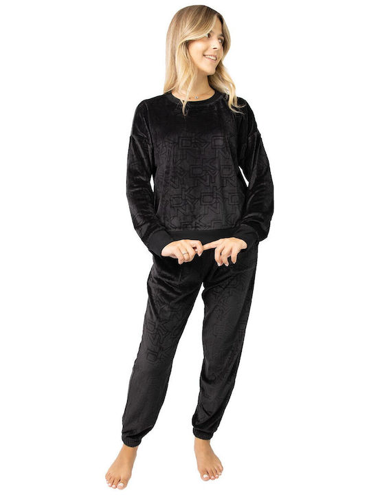 DKNY Winter Damen Pyjama-Set Samt Black