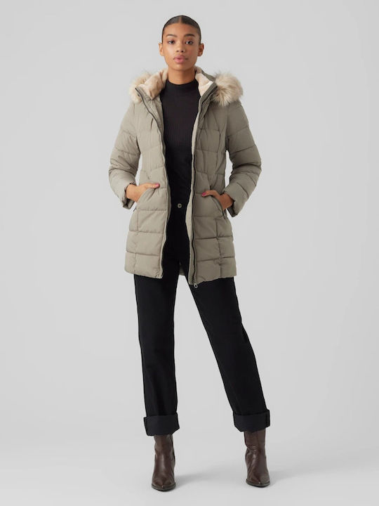 Vero Moda Lung Jachetă de femei Puffer cu glugă de blană pentru iarnă Bej