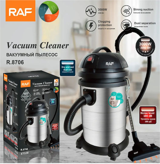 Raf R8706 Σκούπα Υγρών / Στερεών 3000W με Ανοξείδωτο Κάδο 30lt