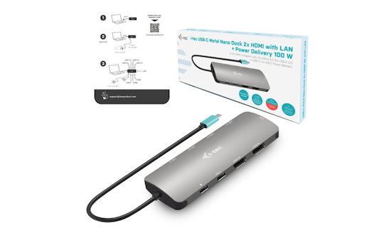 i-tec USB-C Metal Nano USB-C Docking Station με HDMI 4K PD Ethernet και σύνδεση 2 Οθονών Γκρι