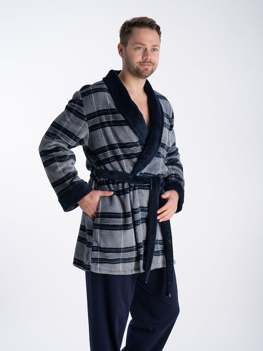 Relax Anatomic Men's Winter Checked Pajama Robe Dark Blue