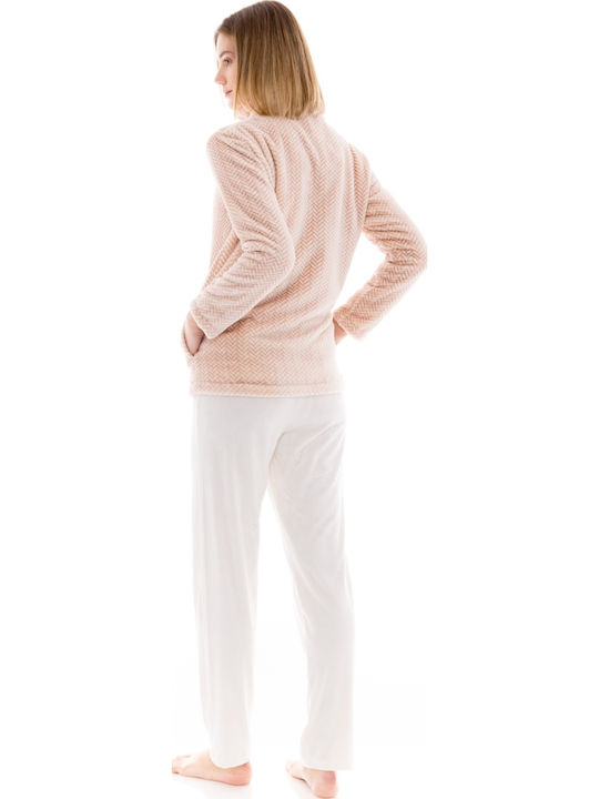 Pink Label Χειμερινή Γυναικεία Fleece Ρόμπα Εκρού (Ecru)