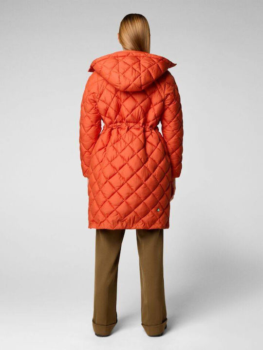 Save The Duck Women's Long Puffer Jacket for Winter with Hood Orange