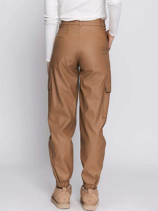 Women's High-waisted Fabric Cargo Trousers Beige