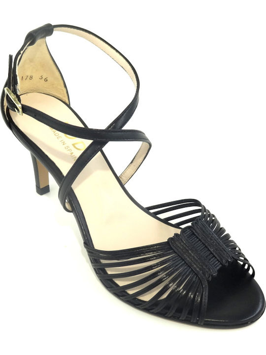 Lodi Leather Women's Sandals Black with Thin High Heel