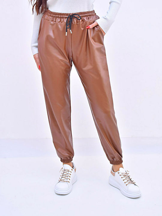 Damen Stoff Hose mit Gummizug Tabac Brown