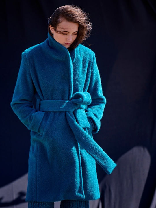 Matis Fashion Γυναικείο Μπλε Παλτό με Ζώνη