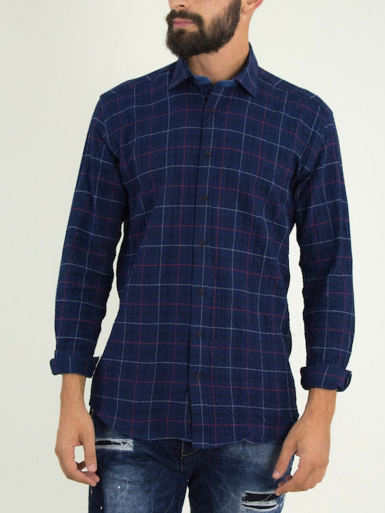 Firenze Men's Shirt Long Sleeve Cotton Checked Blue