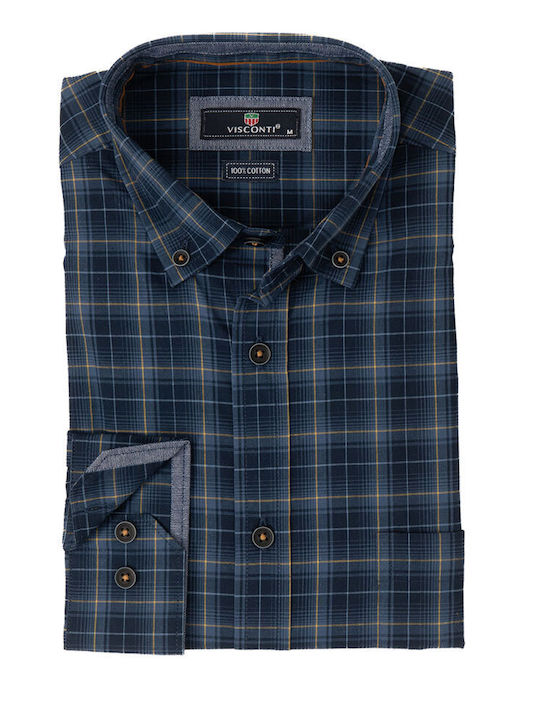 Visconti Men's Shirt Long Sleeve Cotton Checked Blue