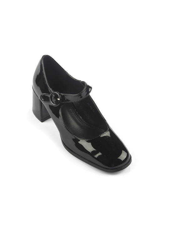 Fshoes Patent Leather Pointed Toe Black Medium Heels