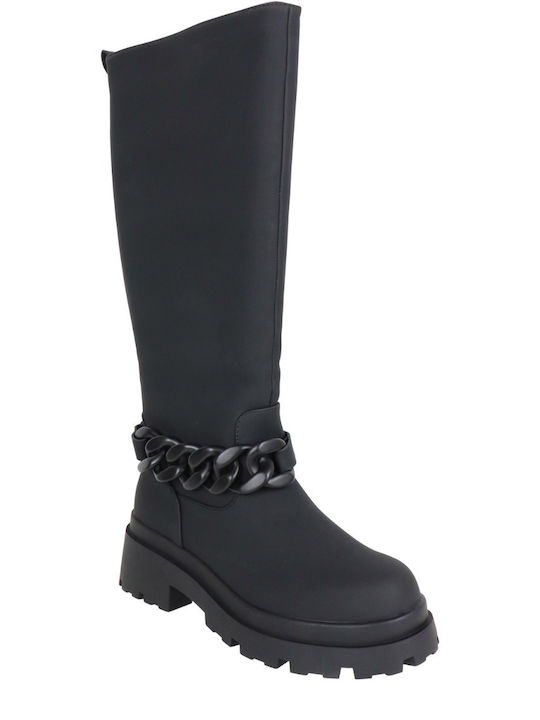Damenstiefel mit mittlerem Absatz & Gummizug Schwarz