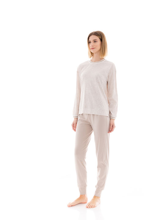 Pink Label Winter Damen Pyjama-Set Baumwolle Beige