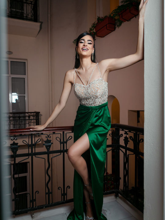 Anna Aktsali Collection Rochii de vară pentru femei Maxi Rochie de Seară cu Slit Verde