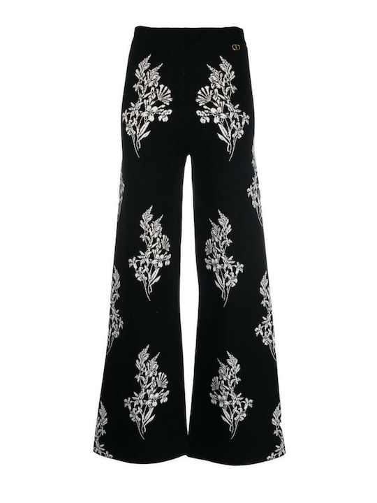 Women's Fabric Trousers Flared Floral Black
