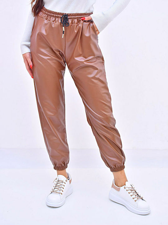 Damen Stoff Hose mit Gummizug Tabac Brown