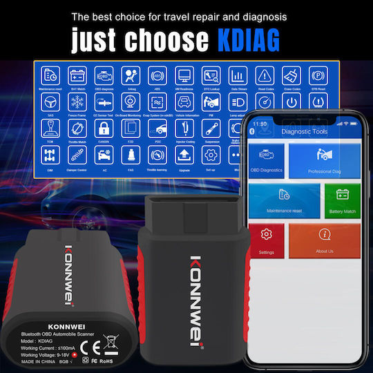 Konnwei Car Diagnostics Bluetooth Tool OBD 2 Compatible Android