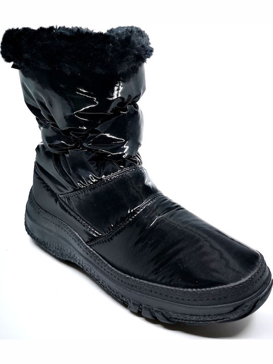 Patent Leather Snow Boots with Fur Black