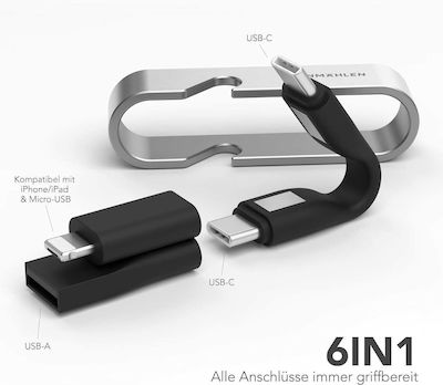 Vonmählen High Six 6in1 Spiral USB to Lightning / Type-C / micro USB Cable 2.4A Μαύρο (VO-HS-BK)