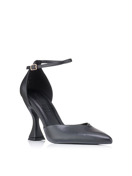 Primadonna Synthetic Leather Pointed Toe Black Heels with Strap