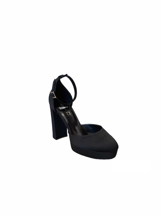 Beatris Black High Heels with Strap Σατέν