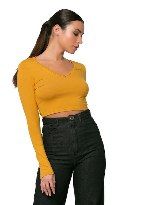 Noobass Damen Crop Top Langarm mit V-Ausschnitt Gelb